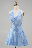 A-Line Yellow Halter Backless Short Cocktail Dress with Floral Embroidery