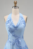 A-Line Yellow Halter Backless Short Cocktail Dress with Floral Embroidery