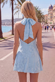 A-Line Yellow Halter Backless Short Homecoming Dress with Floral Embroidery