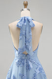 A-Line Yellow Halter Backless Short Cocktail Dress with Floral Embroidery