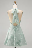A-Line Yellow Halter Backless Short Cocktail Dress with Floral Embroidery