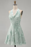 A-Line Yellow Halter Backless Short Cocktail Dress with Floral Embroidery