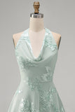 A-Line Yellow Halter Backless Short Cocktail Dress with Floral Embroidery