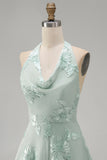 A-Line Yellow Halter Backless Short Cocktail Dress with Floral Embroidery