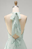 A-Line Yellow Halter Backless Short Cocktail Dress with Floral Embroidery