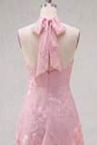 A-Line Yellow Halter Backless Short Homecoming Dress with Floral Embroidery