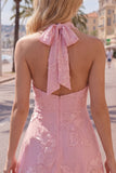 A-Line Yellow Halter Backless Short Homecoming Dress with Floral Embroidery