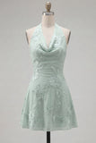 A-Line Yellow Halter Backless Short Homecoming Dress with Floral Embroidery