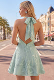A-Line Yellow Halter Backless Short Cocktail Dress with Floral Embroidery