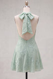 A-Line Yellow Halter Backless Short Homecoming Dress with Floral Embroidery