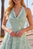 A-Line Yellow Halter Backless Short Cocktail Dress with Floral Embroidery