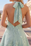 A-Line Yellow Halter Backless Short Cocktail Dress with Floral Embroidery