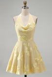 A-Line Yellow Halter Backless Short Cocktail Dress with Floral Embroidery
