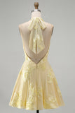 A-Line Yellow Halter Backless Short Cocktail Dress with Floral Embroidery