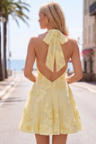 A-Line Yellow Halter Backless Short Cocktail Dress with Floral Embroidery