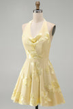 A-Line Yellow Halter Backless Short Cocktail Dress with Floral Embroidery
