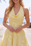 A-Line Yellow Halter Backless Short Cocktail Dress with Floral Embroidery