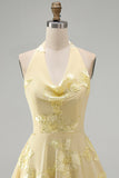 A-Line Yellow Halter Backless Short Cocktail Dress with Floral Embroidery