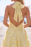 A-Line Yellow Halter Backless Short Cocktail Dress with Floral Embroidery