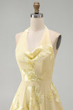 A-Line Yellow Halter Backless Short Cocktail Dress with Floral Embroidery