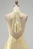 A-Line Yellow Halter Backless Short Cocktail Dress with Floral Embroidery