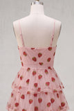 A-Line Pink Keyhole Tiered Ruffled Spaghetti Straps Ruched Homecoming Dress