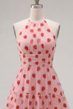 A-Line Pink Halter Neck Printed Ruffled Short Homecoming Dress