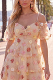 Champagne Cold Shoulder A-Line Tiered Ruffled Homecoming Dress with 3D Flowers