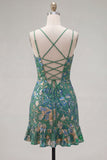 Dark Green Bodycon Floral Ruffled Short Homecoming Dress with Lace Up Back