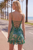Dark Green Bodycon Floral Ruffled Short Homecoming Dress with Lace Up Back