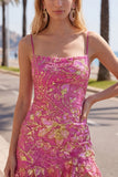 Dark Green Bodycon Floral Ruffled Short Homecoming Dress with Lace Up Back