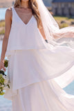 White V-Neck Tiered Sleeveless Maxi Elopement Wedding Dress