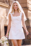White A-Line Square Neck Sleeveless Mini Elopement Wedding Dress with 3D Flower
