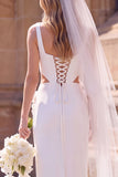 White Sheath Square Neck Cut Out Maxi Elopement Wedding Dress with 3D Flower