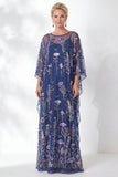 Navy Sheath Floral Round Neck Embroidered Mother Of the Bride Dress