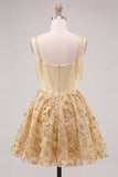 Yellow Corset Ruched Floral Spaghetti Straps A-Line Homecoming Dress with Beading