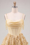 Yellow Corset Ruched Floral Spaghetti Straps A-Line Homecoming Dress with Beading