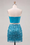 Blue Strapless Bodycon 2 Piece Sequins Corset Homecoming Dress with Fringes