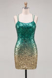 Sparkly Green and Gold Sequins Bodycon Short Homecoming Dress with Lace Up Back