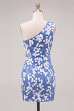 Bodycon One Shoulder Blue Sequins Short Homecoming Dress