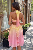 Yellow and Pink A-Line Chiffon Ruffled Halter Neck Homecoming Dress with 3D Flower