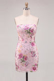 Pink Bodycon Strapless Floral Sequins Homecoming Dress