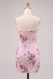 Pink Bodycon Strapless Floral Sequins Homecoming Dress