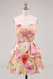 Pink A-Line Sweetheart Floral Ruched Beaded Homecoming Dress