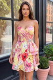 Pink A-Line Sweetheart Floral Ruched Beaded Homecoming Dress
