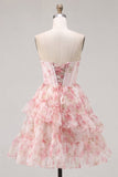 A-Line Pink Sweetheart Corset Tiered Ruffled Floral Homecoming Dress with Lace Up Back