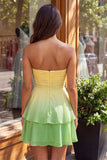 Yellow and Pink Strapless A-Line Ruched Tiered Chiffon Homecoming Dress