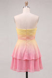 Yellow and Pink Strapless A-Line Ruched Tiered Chiffon Homecoming Dress
