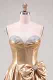 Gold Metallic Sweetheart A-Line Beaded Homecoming Dress with Bow