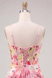 Pink Floral Corset A-Line Spaghetti Straps Lace Up Back Homecoming Dress with Bow